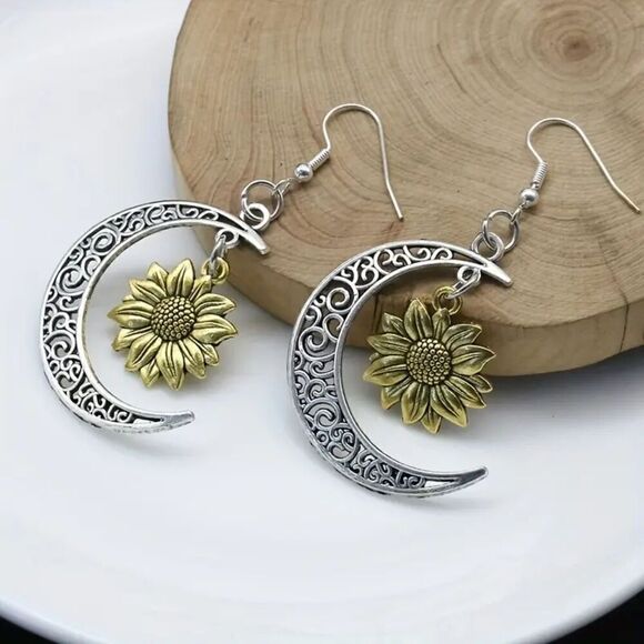 New - Crescent Moon and Sunflower Boho Drop Earrings - Picture 1 of 5